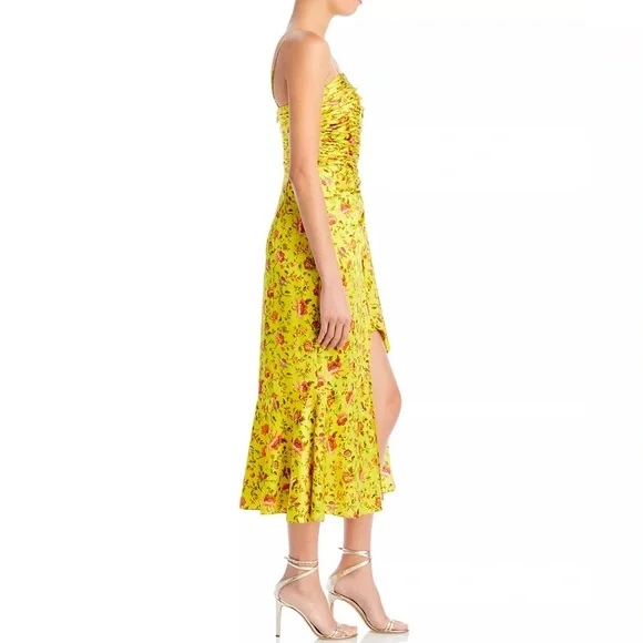 Cinq a Sept Katz Provence Dress 14 Yellow Floral Ruched Satin Midi Formal - Picture 3 of 16